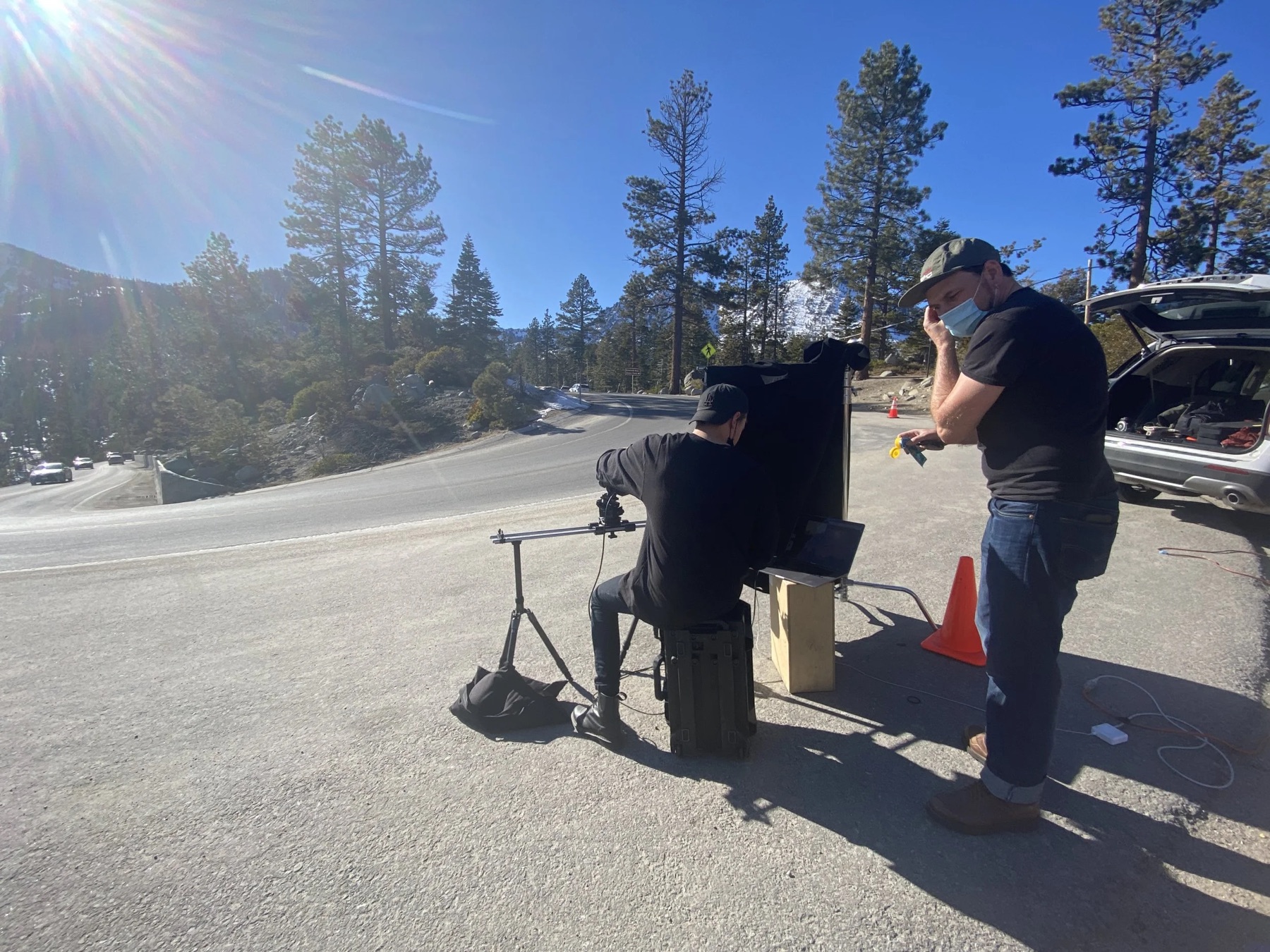 Crew capturing CGI backplates roadside during the Tahoe shoot