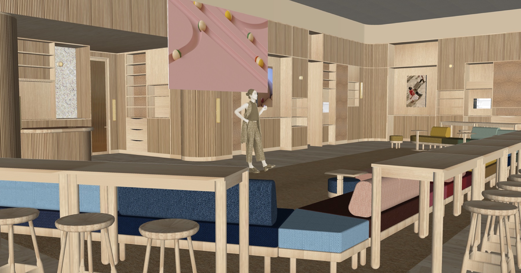 Interior render of the Workspace retail floor, showing modular seating and display walls