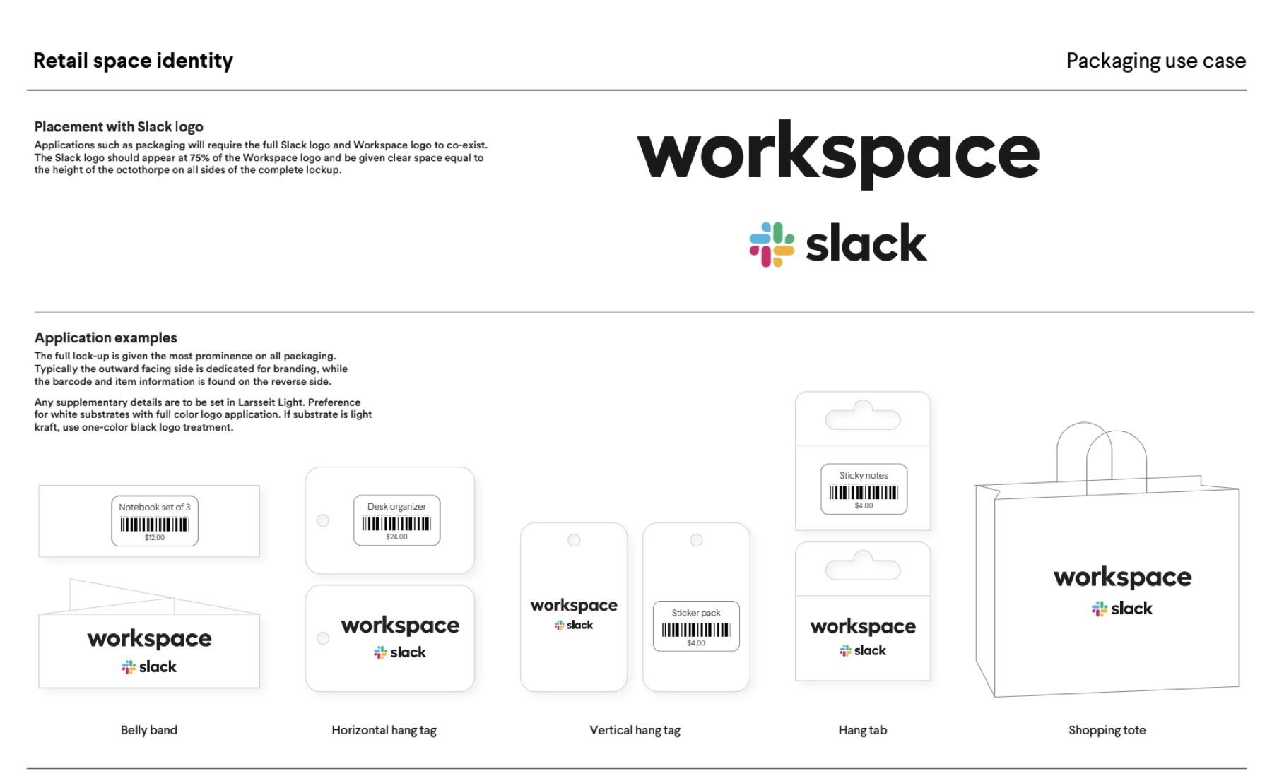 Retail space identity board showing the Workspace and Slack logo lockup and packaging applications